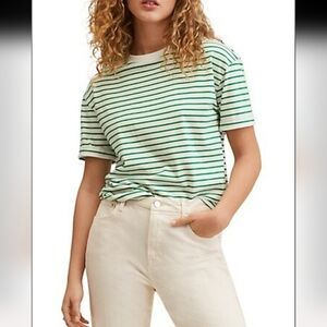 Mango Boxy Striped T-shirt Size M Blue Green White Coastal Classic Stripe